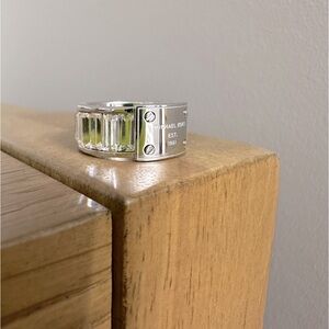 Michael Kors steel plate logo ring with Swarovski crystal band - size 8